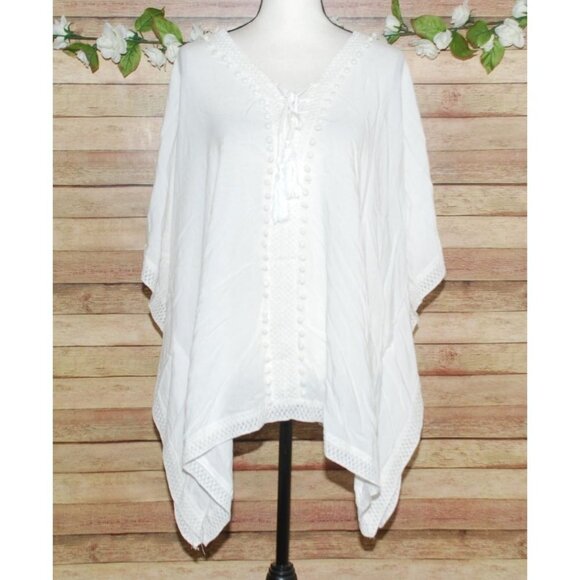 Bindya White Boho Top One Size Oversized Caftan Lace Pom Poms Tassels Viscose - Picture 2 of 11